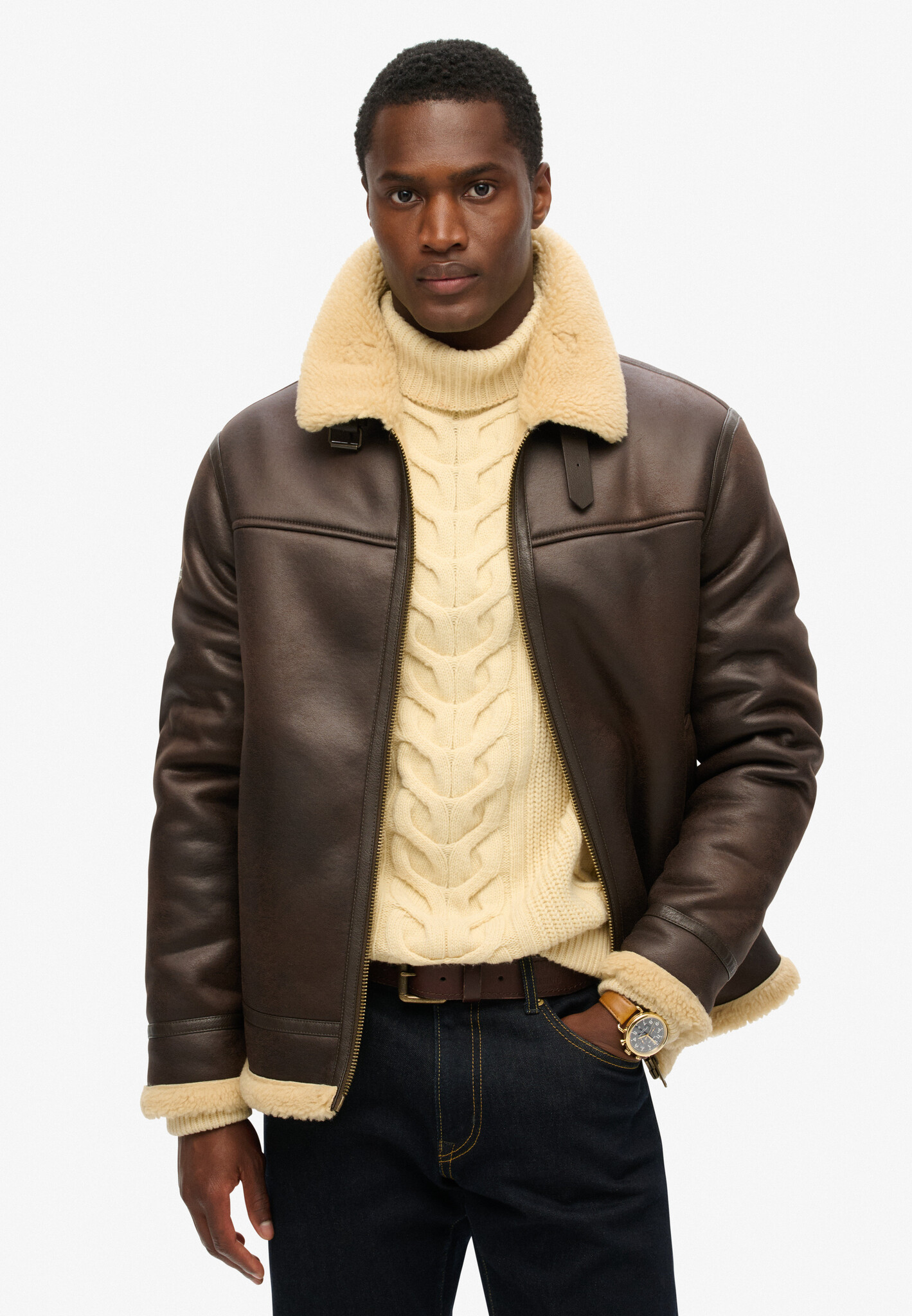 FAUX SHEARLING AVIATOR JACKET (Dark Brown)