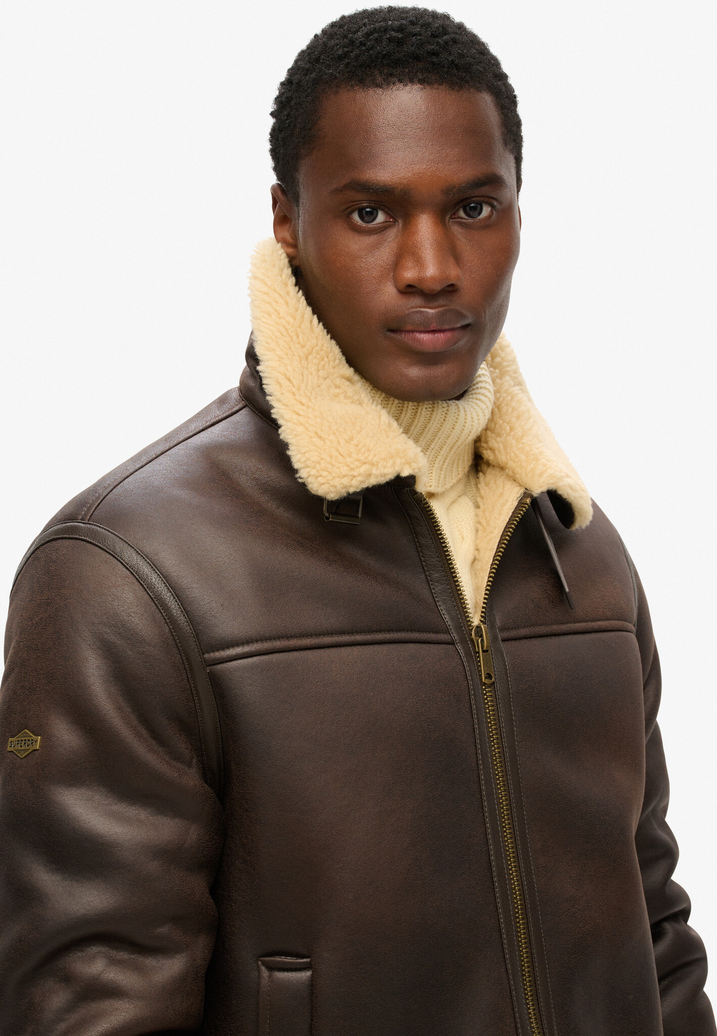 FAUX SHEARLING AVIATOR JACKET (Dark Brown)