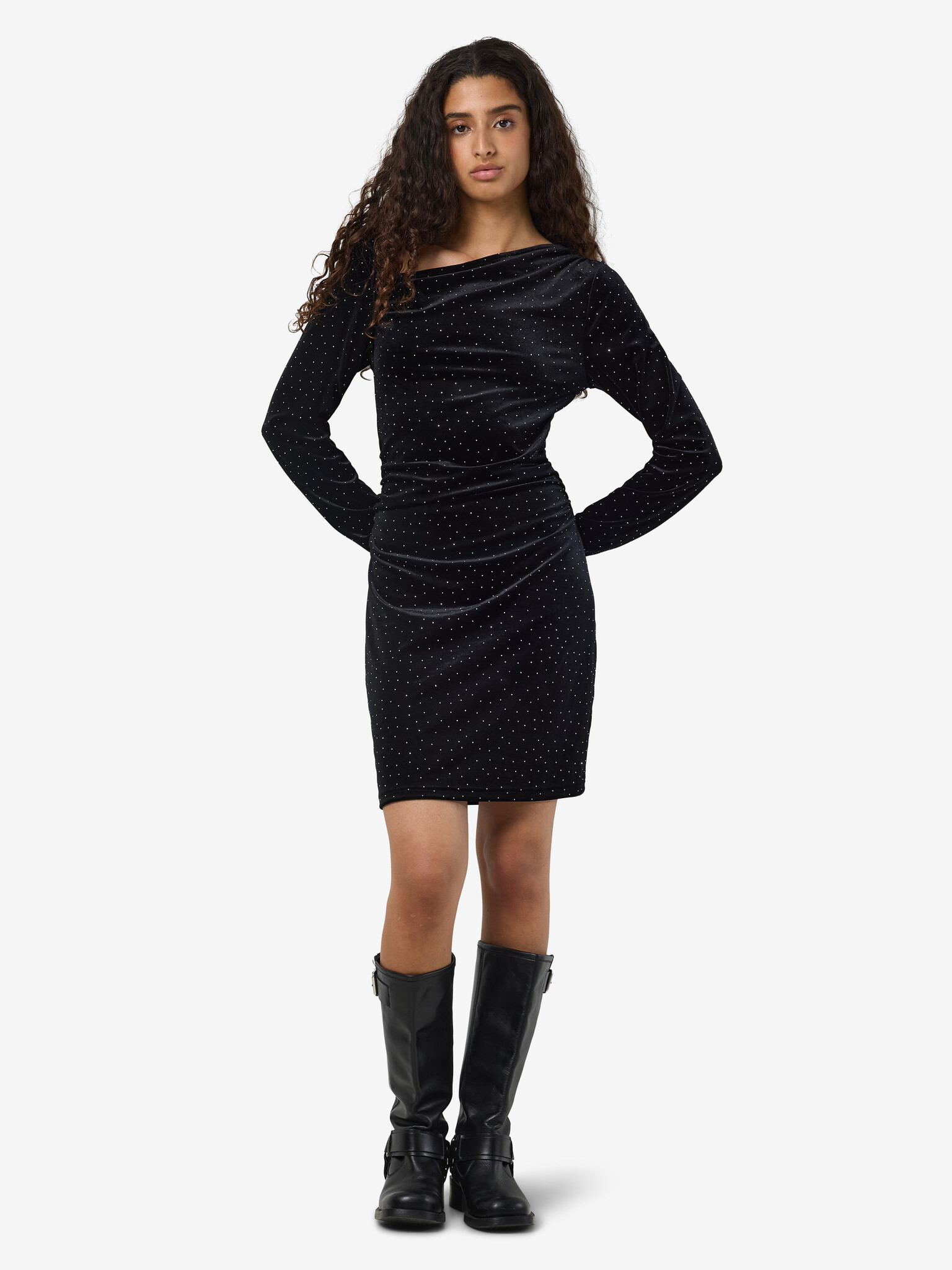 NMCAINS L/S ASSYMETRIC VELVET STONE DRESS (Black)