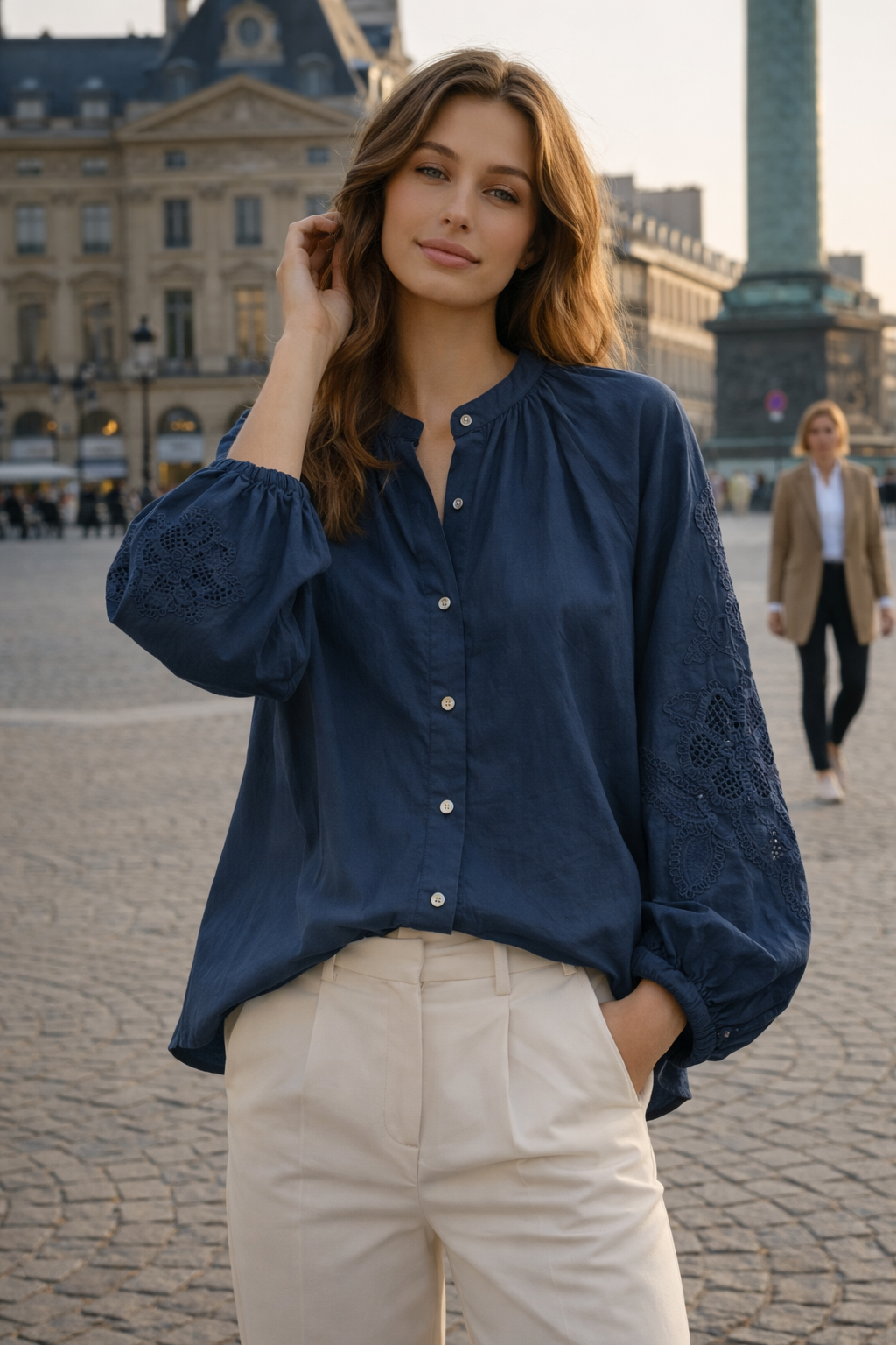 HERA Broderie Sleeve Blouse (Dark Blue)