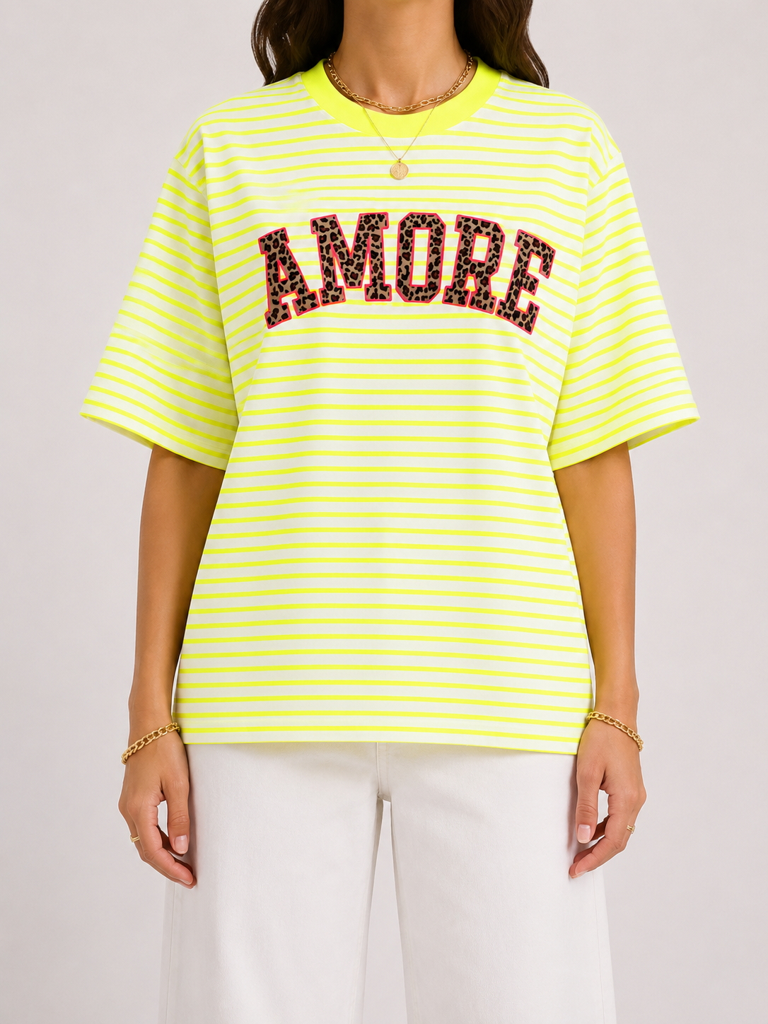 AMOUR LEO Stripes T-shirt (Neon Yellow/White)