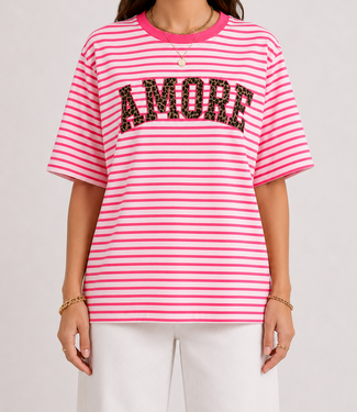 AMOUR LEO Stripes T-shirt (Neon Pink/White)