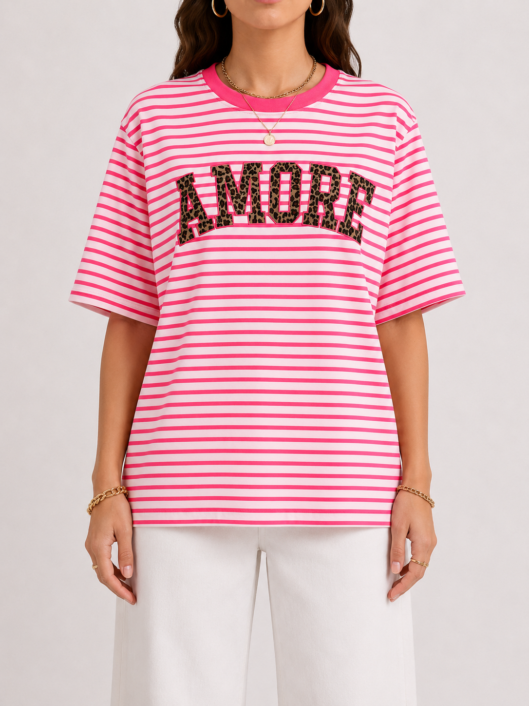 AMOUR LEO Stripes T-shirt (Neon Pink/White)
