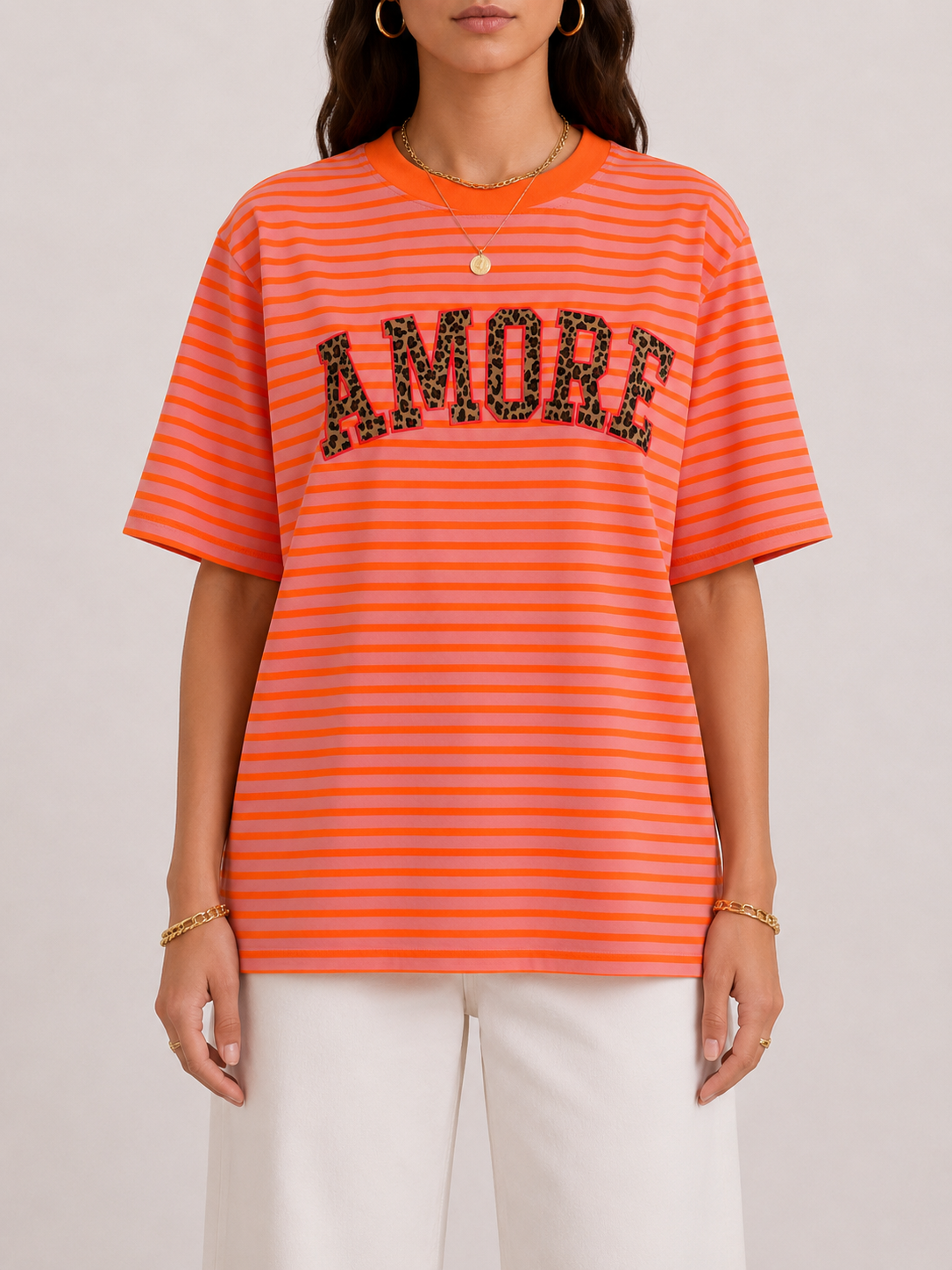 AMOUR LEO Stripes T-shirt (Neon Orange/Pink)