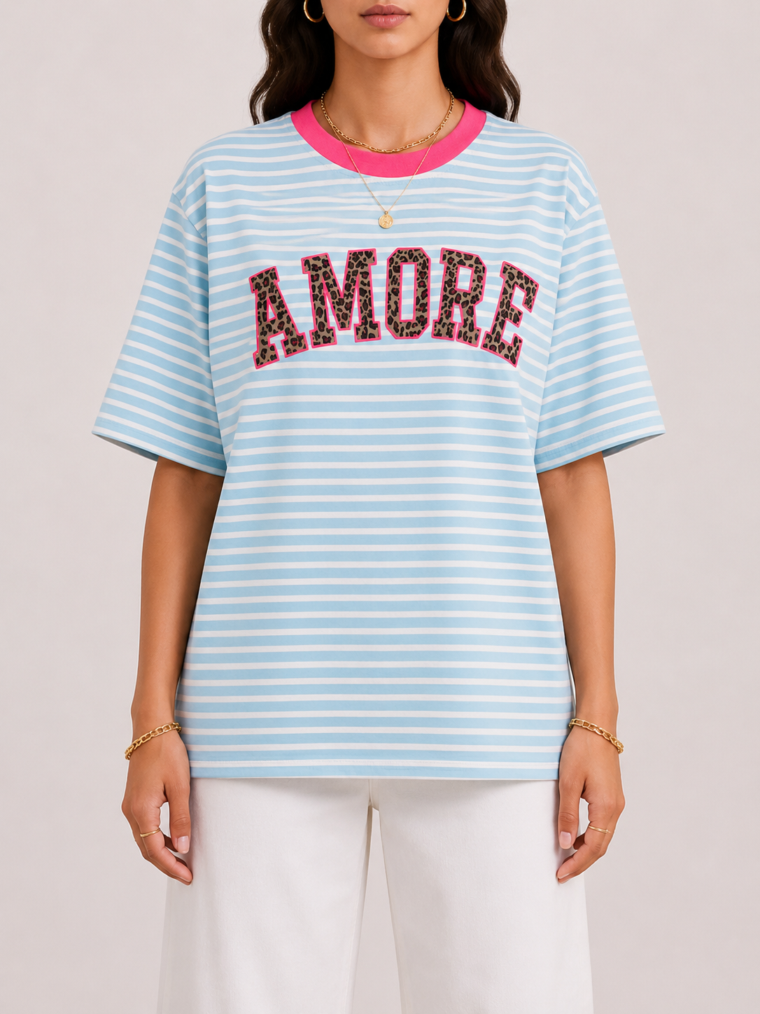 AMOUR LEO Stripes T-shirt (Sky Blue/Pink)