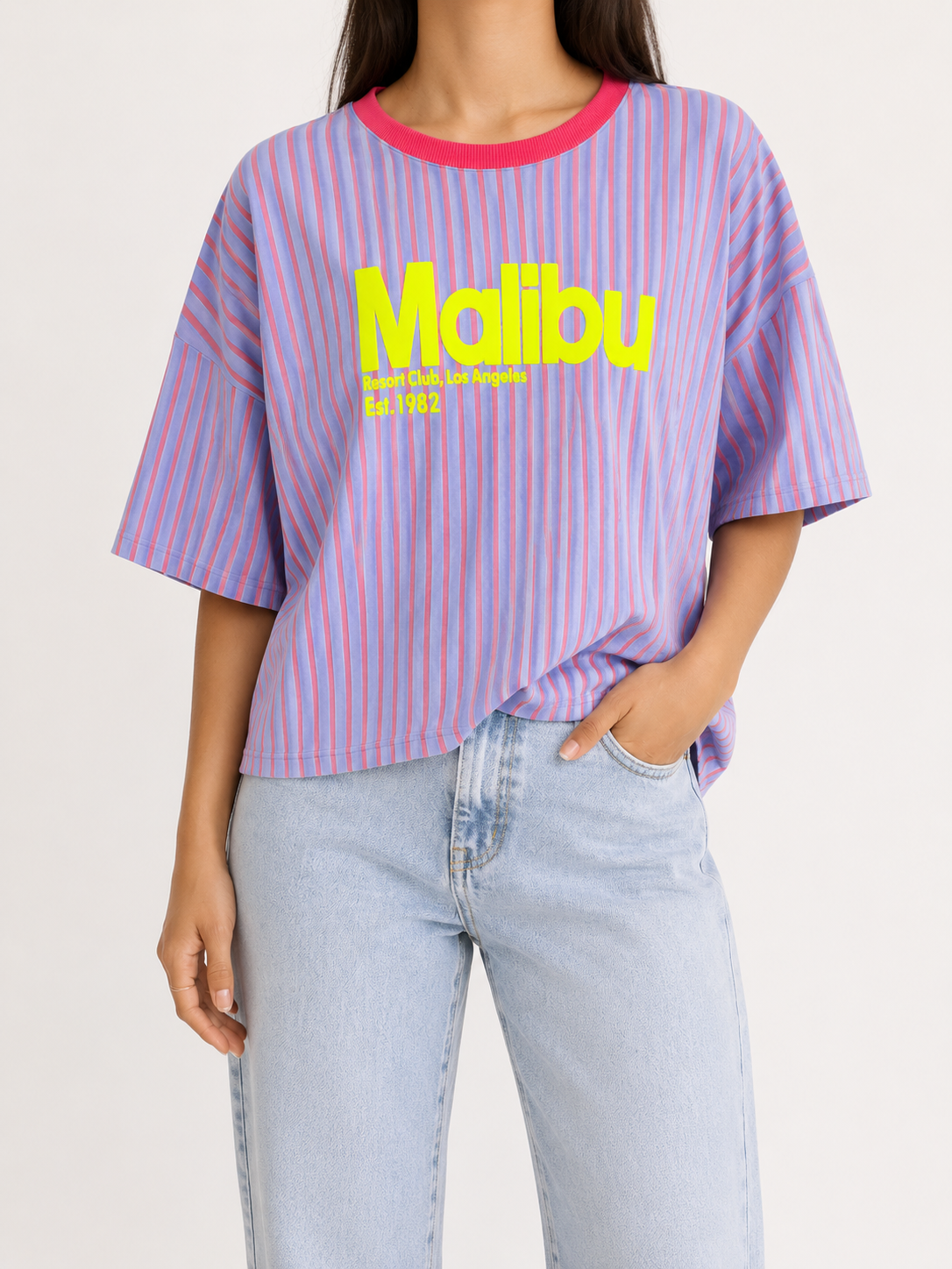MALIBU 3D Stripes T-Shirt (Blue/Neon Pink)