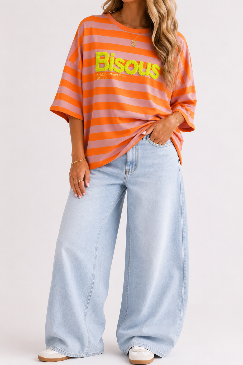 BISOUS Stripes SS  T-Shirt (Pink/Neon Orange)