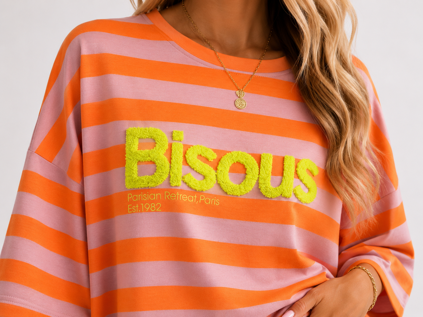 BISOUS Stripes SS  T-Shirt (Pink/Neon Orange)