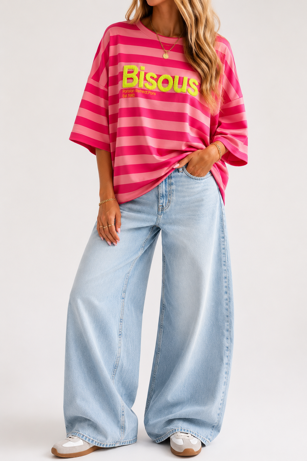 BISOUS Stripes SS  T-Shirt (Pink/Neon Pink)
