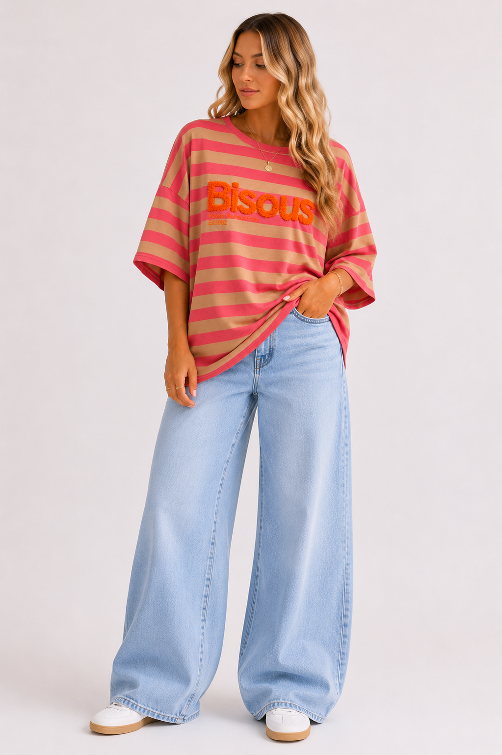 BISOUS Stripes SS  T-Shirt (Coral/Neon Pink)
