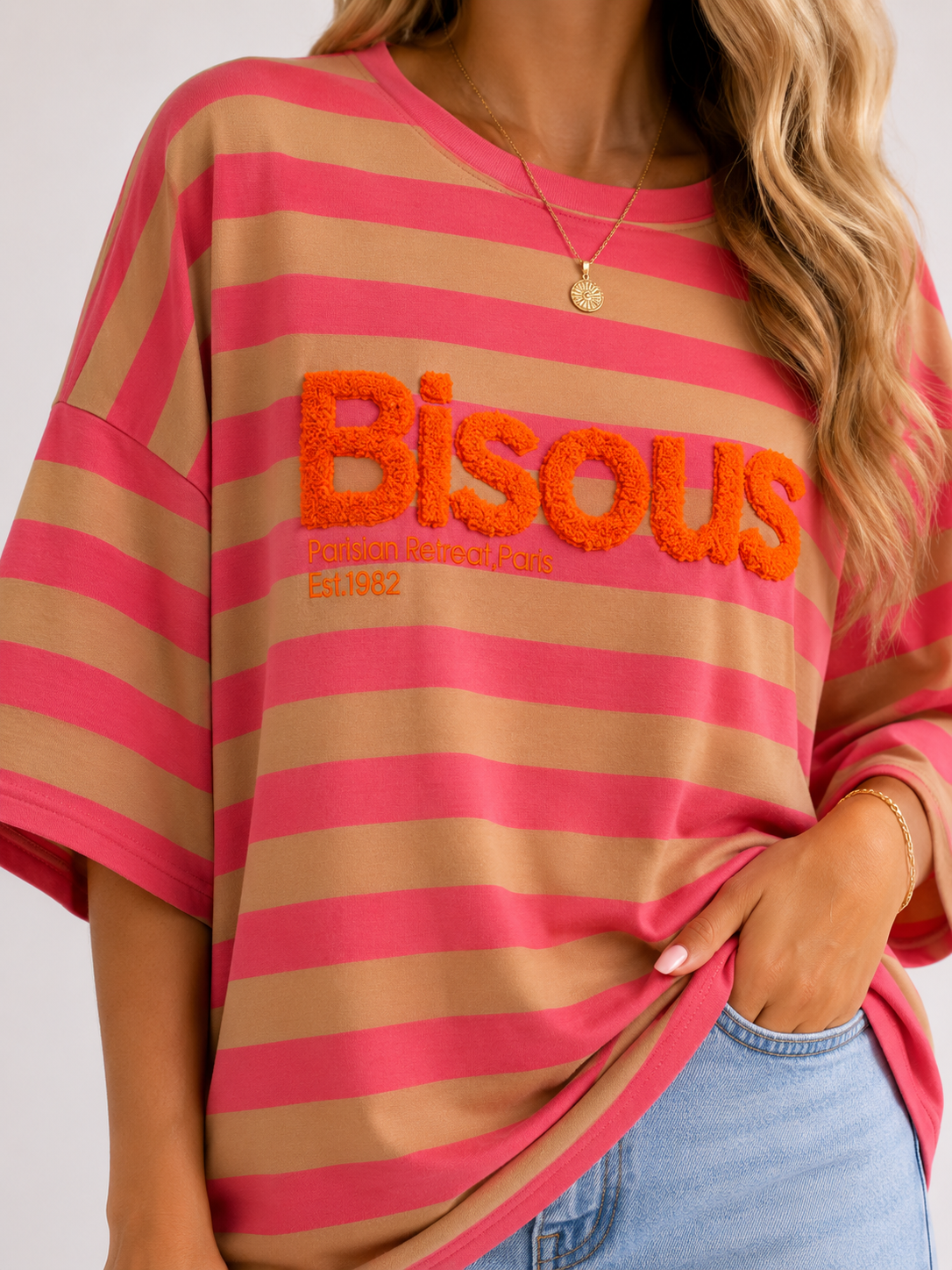 BISOUS Stripes SS  T-Shirt (Coral/Neon Pink)