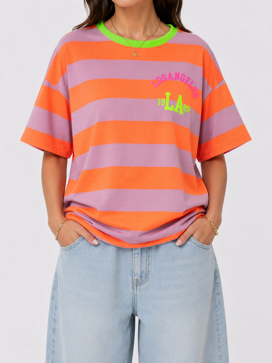 LOS ANGELES Stripes SS T-Shirt (Neon Coral/Light Pink)