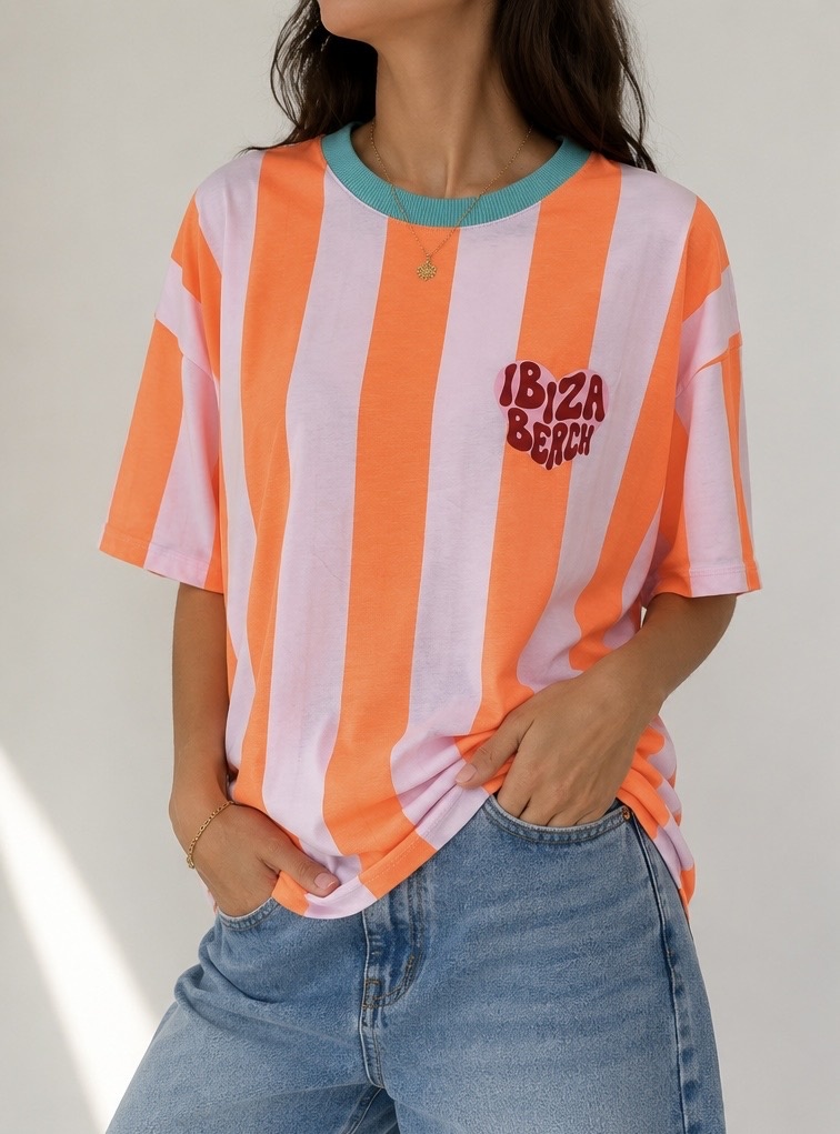 IBIZA BEACH Stripes T-Shirt (Neon Orange/Light Pink)