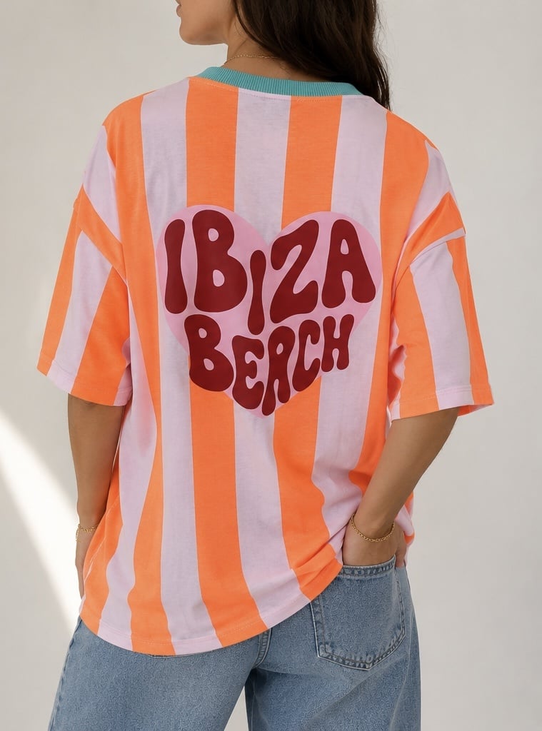 IBIZA BEACH Stripes T-Shirt (Neon Orange/Light Pink)