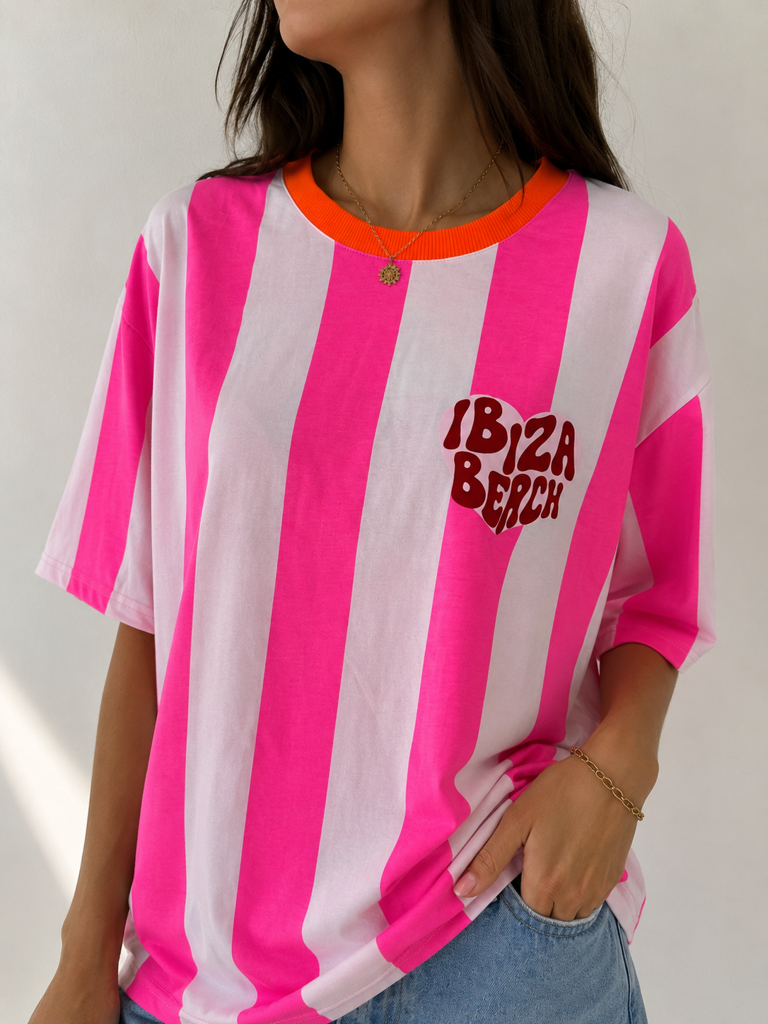 IBIZA BEACH Stripes T-Shirt (Neon Pink/Light Pink)