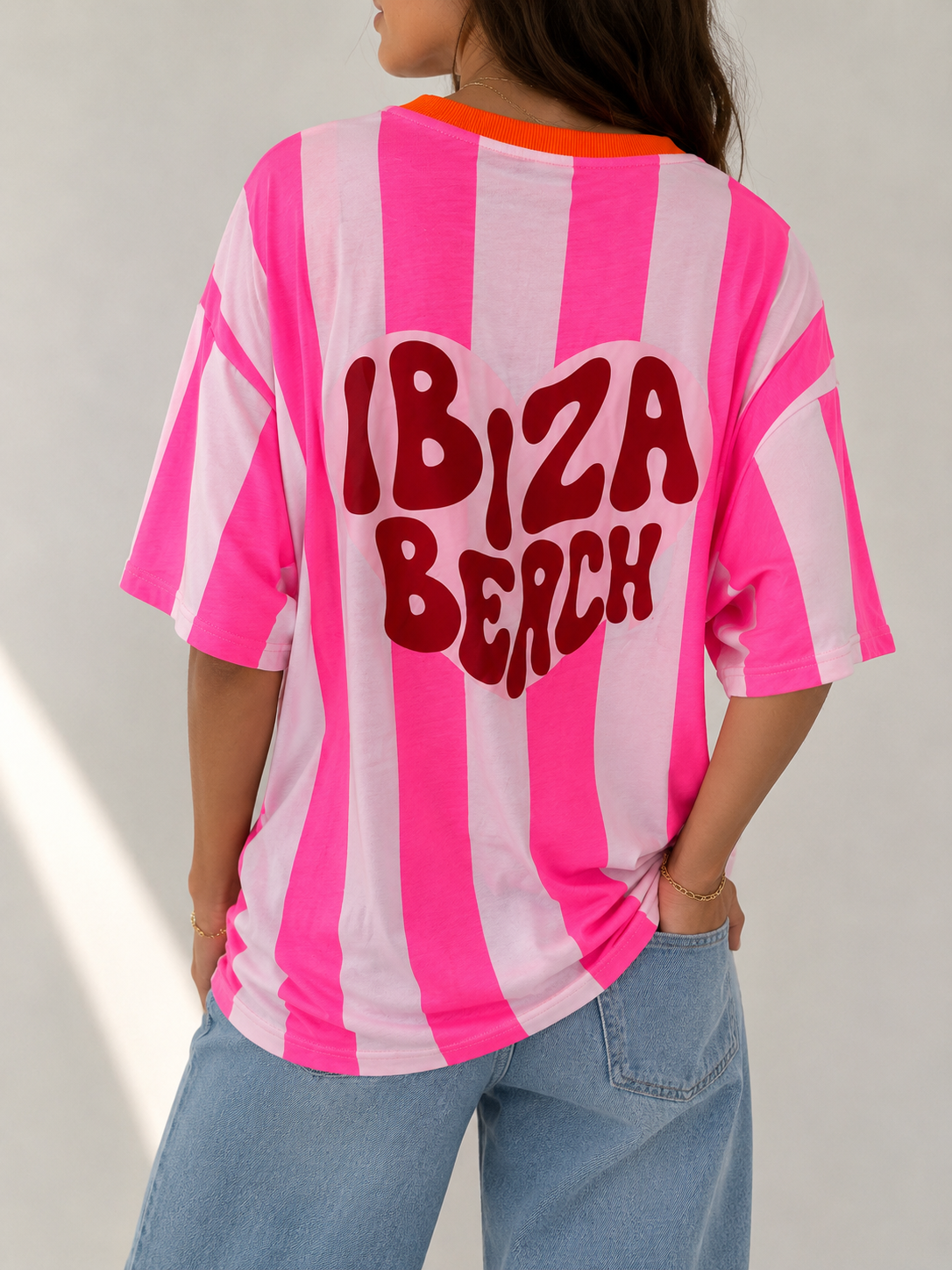 IBIZA BEACH Stripes T-Shirt (Neon Pink/Light Pink)