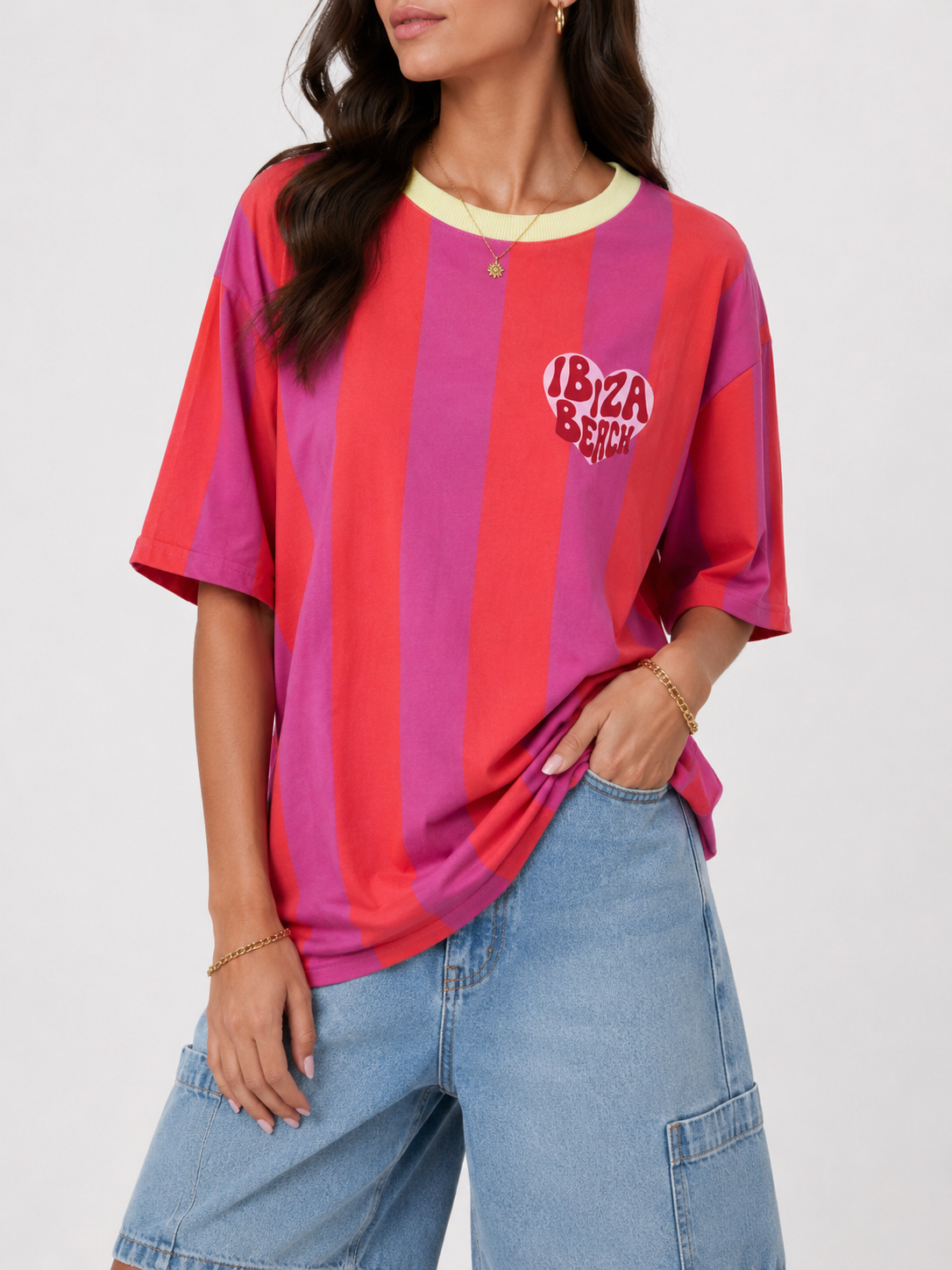 IBIZA BEACH Stripes T-Shirt (Neon Orange/Pink)