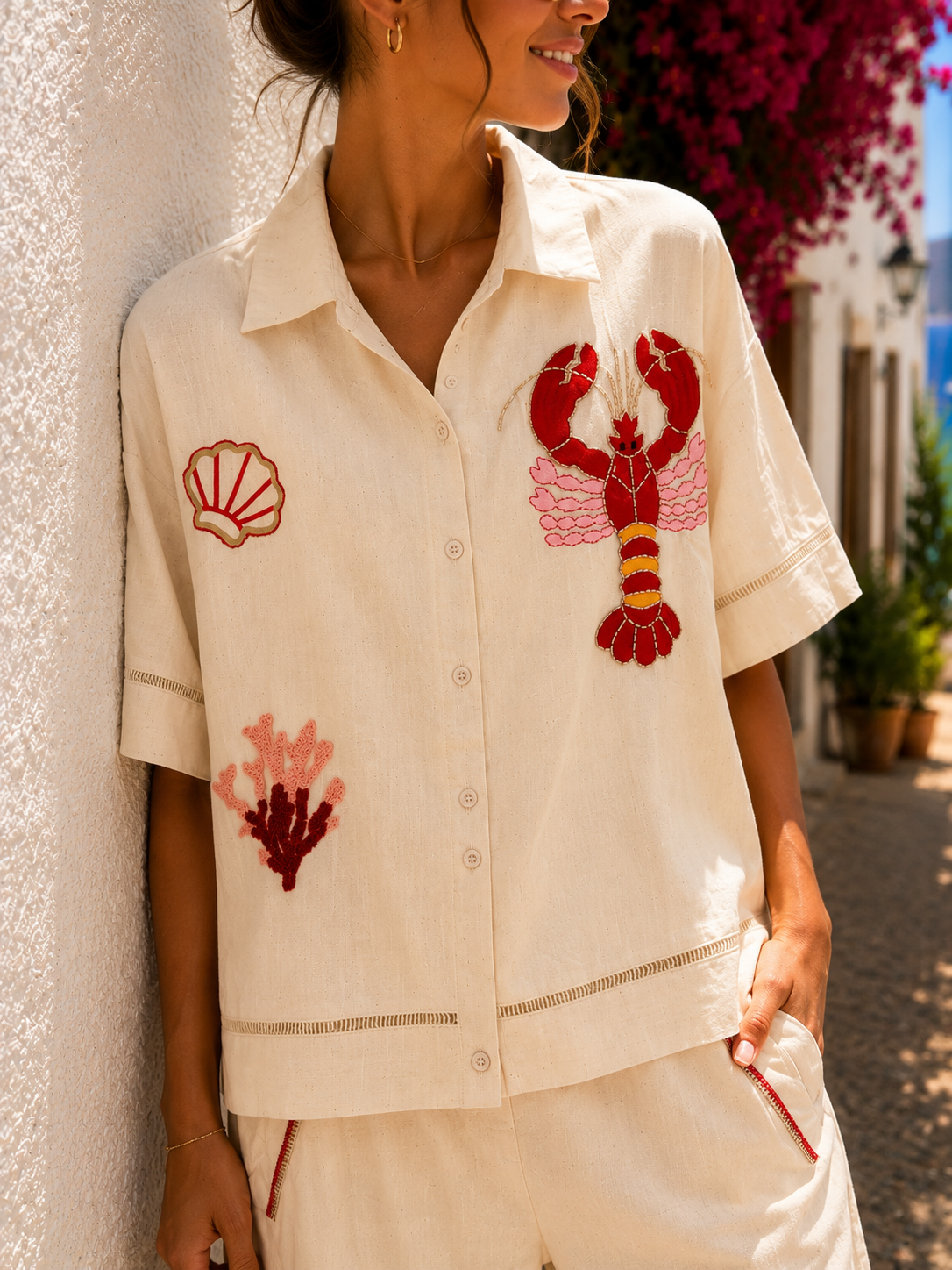 LOBSTER Linen Shirtje (Natural/Coral)