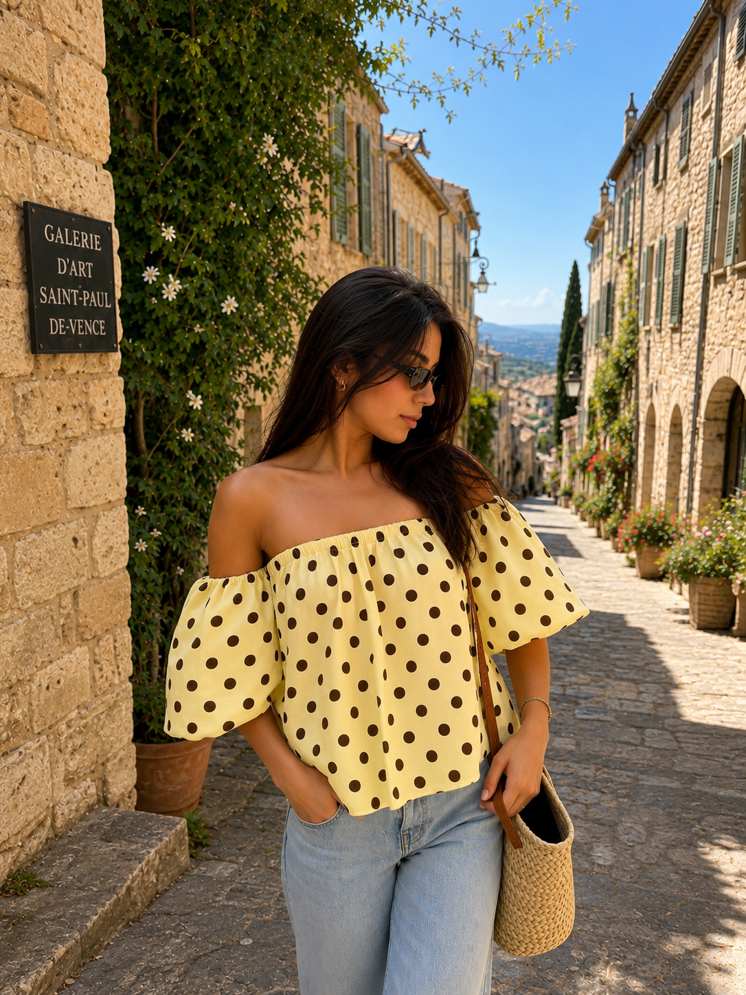 GIGI OFF SHOULDER TOP POLKADOT (YELLOW/BROWN)