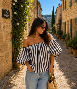 GIGI OFF SHOULDER TOP STRIPES (WHITE/BROWN)