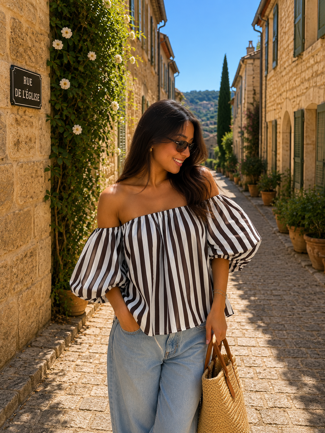 GIGI OFF SHOULDER TOP STRIPES (WHITE/BROWN)