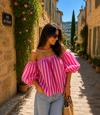 GIGI OFF SHOULDER TOP STRIPES (LIGHT PINK/RED)