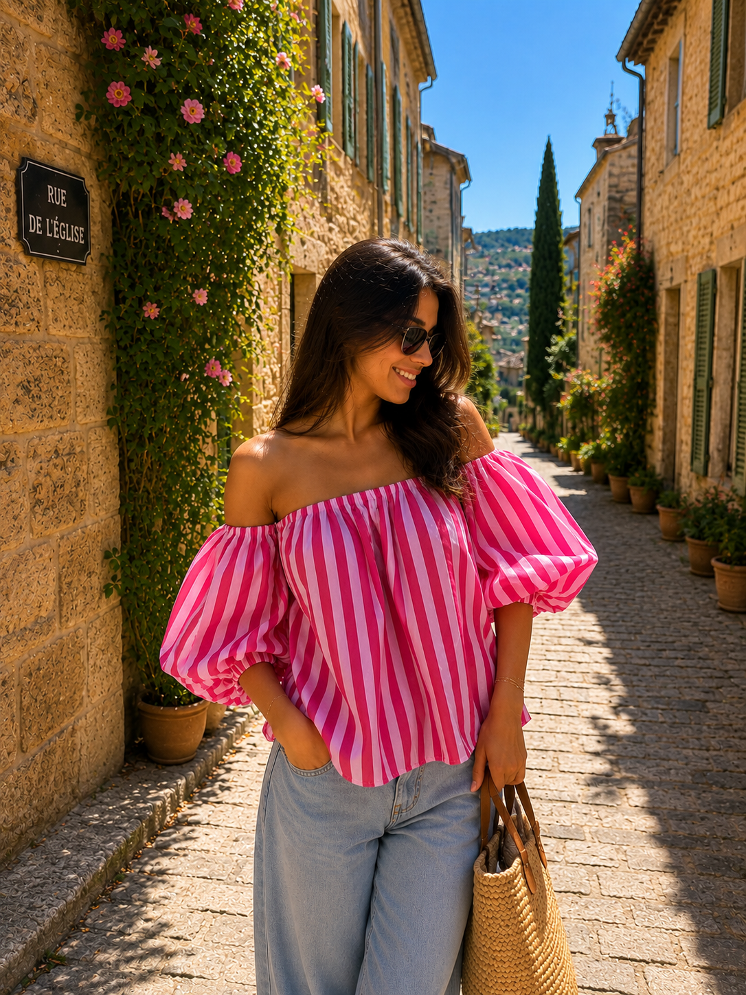 GIGI OFF SHOULDER TOP STRIPES (LIGHT PINK/RED)