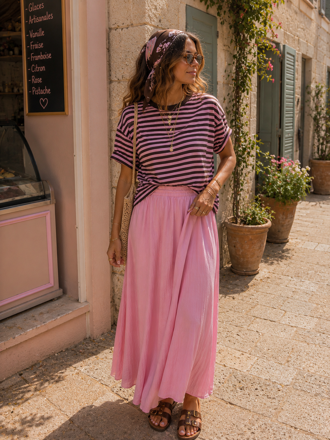 FAITH Stripes T-shirt (Light Pink/Brown)