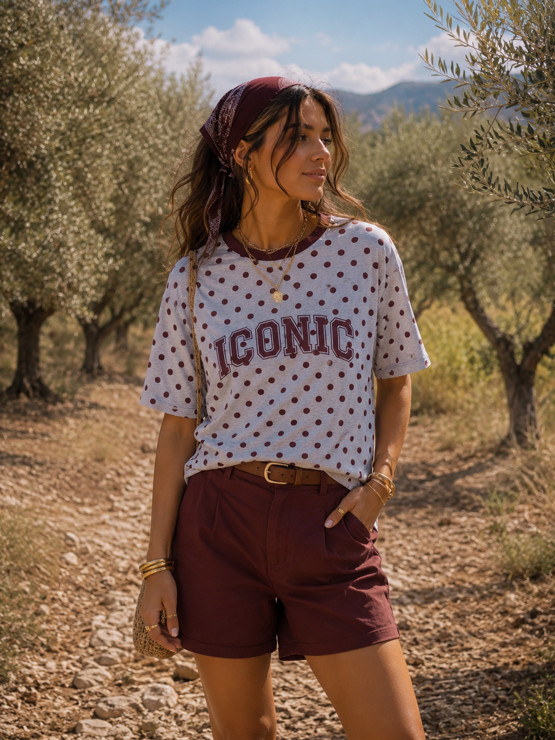 ICONIC Polka Dots T-shirt (Bordeaux/Grey Melee)