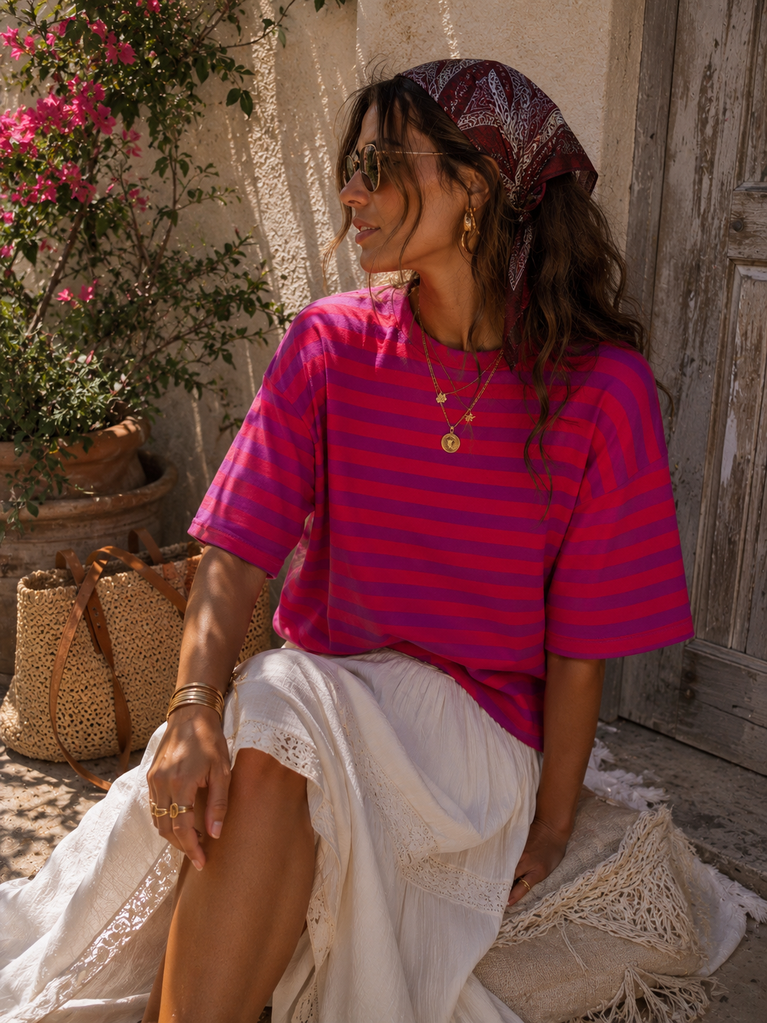 LALI Stripes Sweat Tee (Hot Pink/Coral)