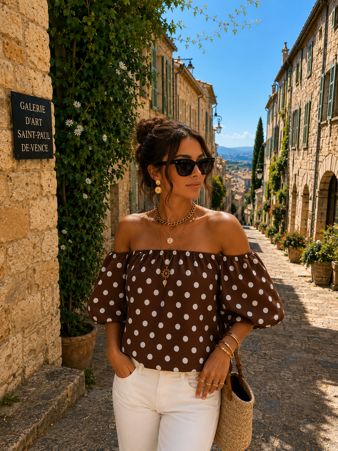 GIGI OFF SHOULDER TOP POLKADOT (BROWN/WHITE)