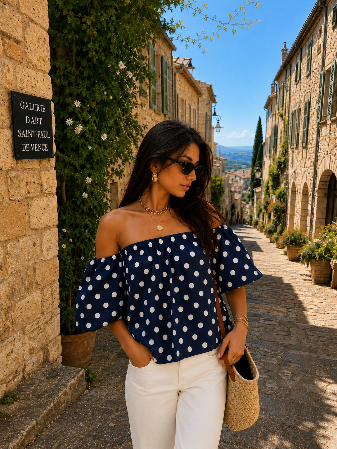 GIGI OFF SHOULDER TOP POLKADOT (NAVY/WHITE)