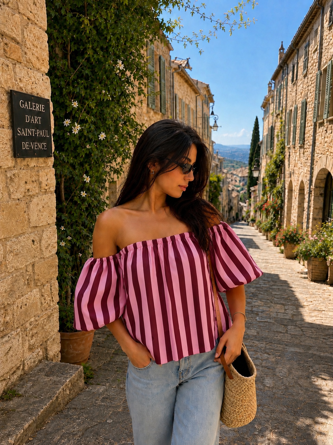 GIGI OFF SHOULDER TOP STRIPES (LIGHT PINK/BORDEAU)