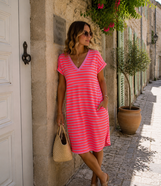 MIA V-Neck Stripes Dress (Neon Coral/LightPink)