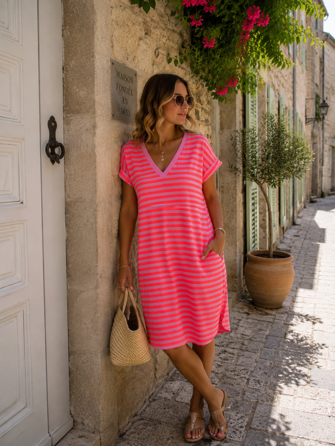 MIA V-Neck Stripes Dress (Neon Coral/LightPink)