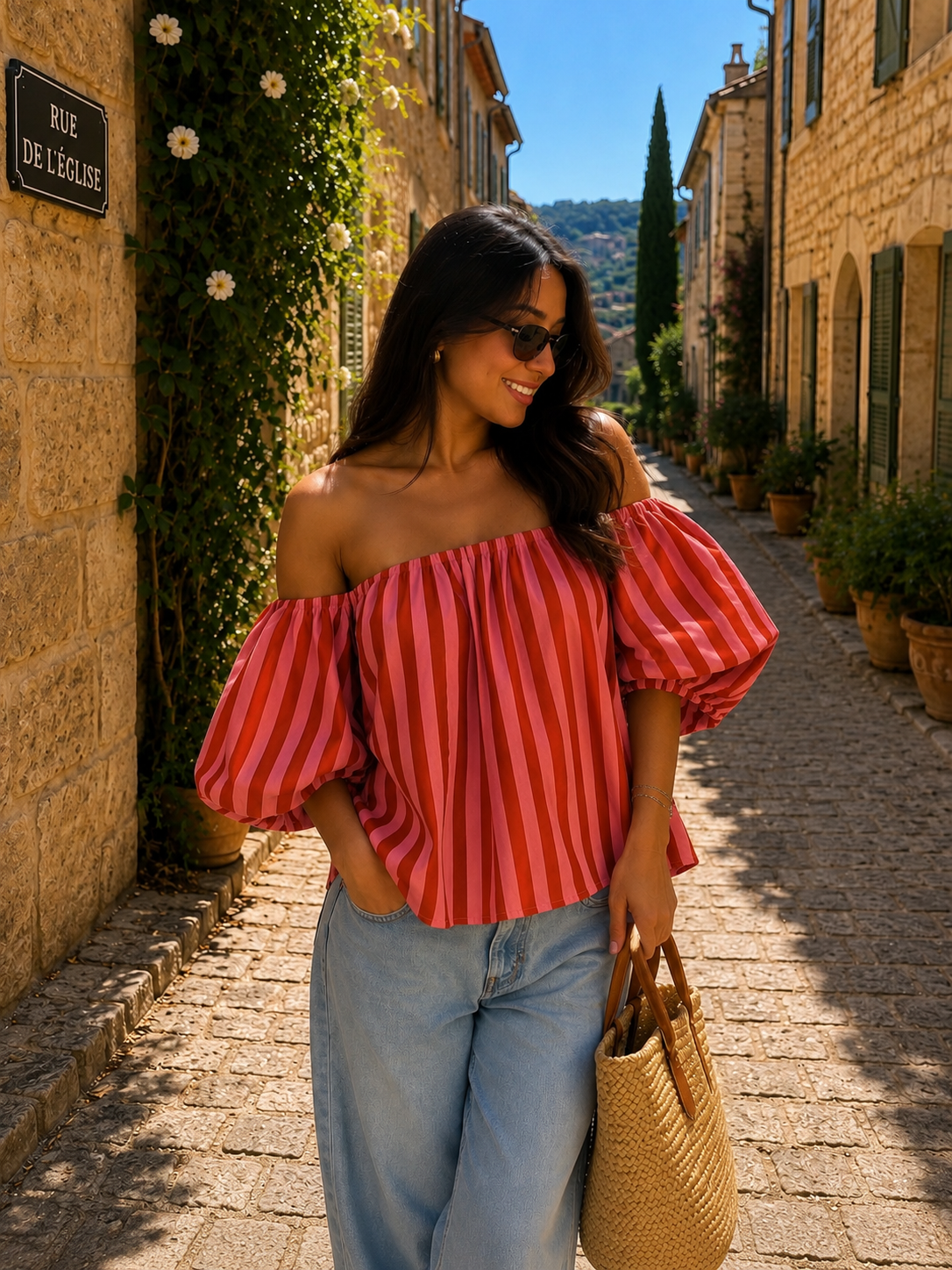 GIGI OFF SHOULDER TOP STRIPES (RUSTY PINK)