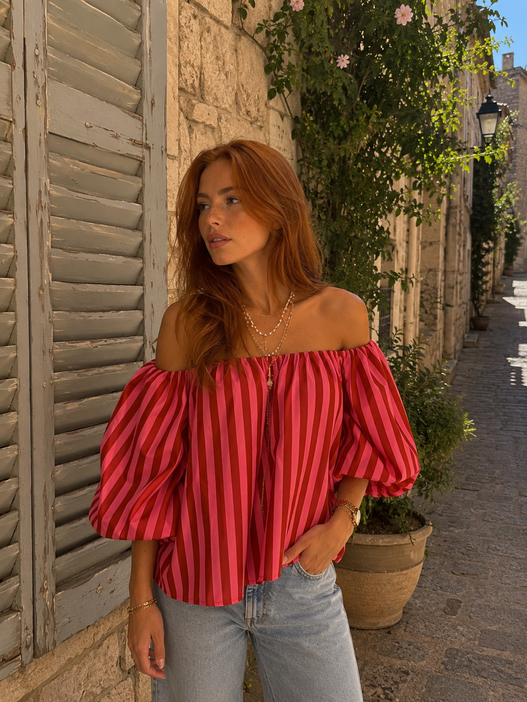 GIGI OFF SHOULDER TOP STRIPES (RUSTY PINK)