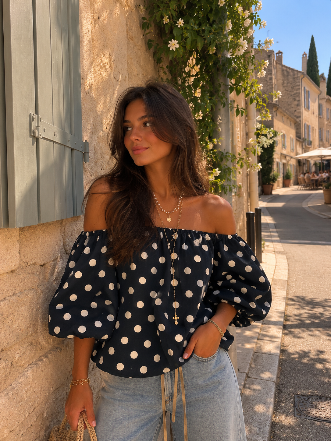 GIGI OFF SHOULDER TOP POLKADOT (NAVY/WHITE)
