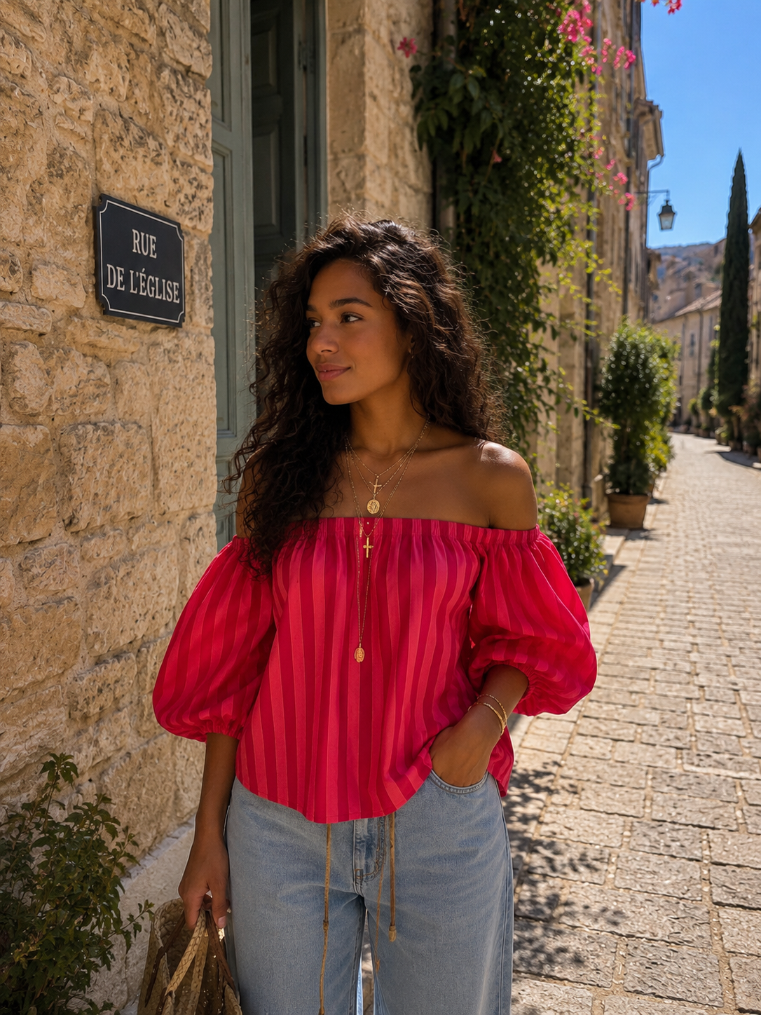 GIGI OFF SHOULDER TOP STRIPES (RED/PINK)
