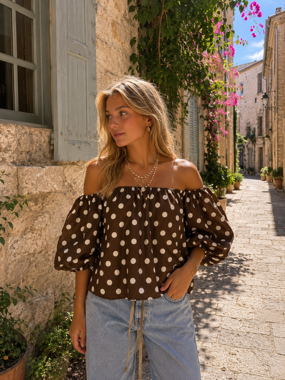 GIGI OFF SHOULDER TOP POLKADOT (BROWN/WHITE)
