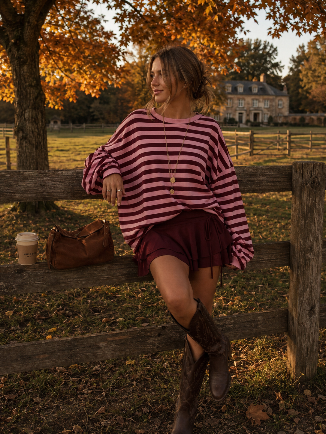 CAMILA Oversized Stripes Sweater (Bordeau/Light Pink)