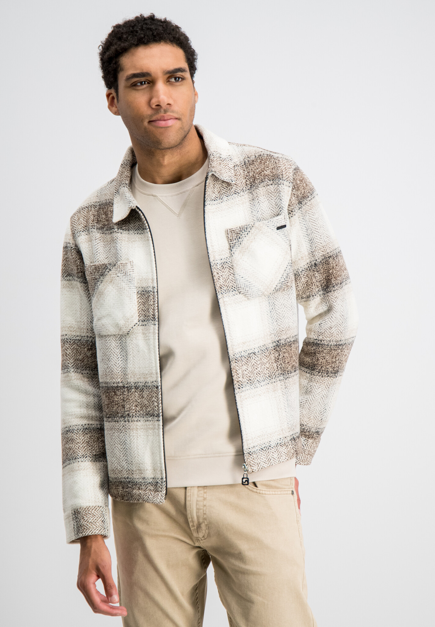 4267432 GLENN Check Flanel Zip Overshirt (673 Coastal Sand)