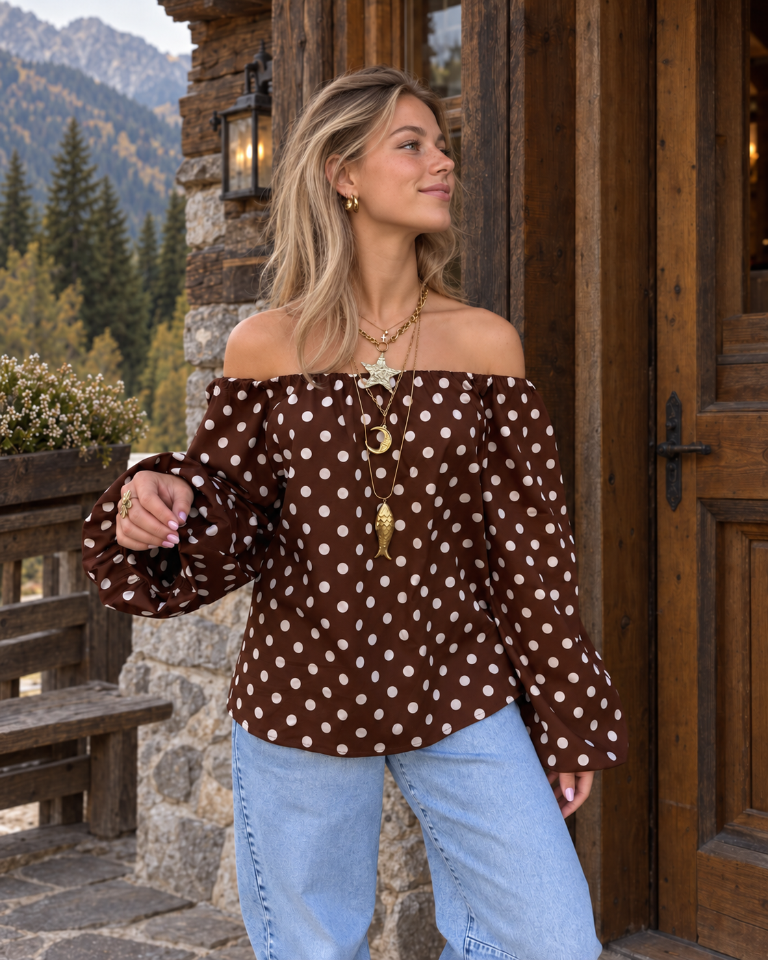 GIGI Long Sleeve Top Polkadots (Brown/White)