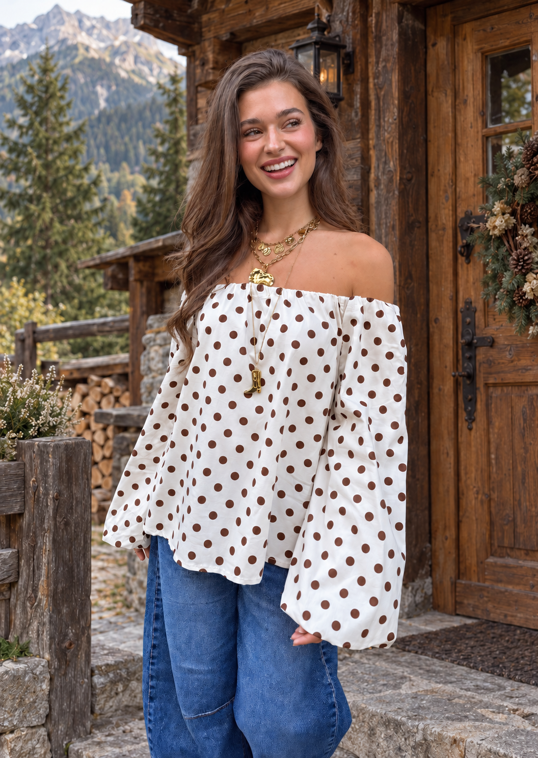 GIGI Long Sleeve Top Polkadots (White/Brown)