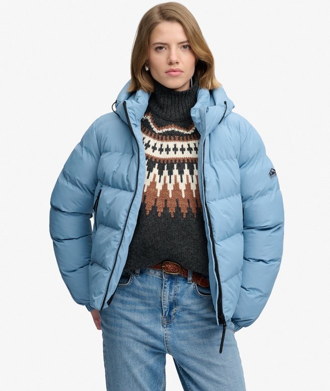 HOODED SPORTS PUFFER JACKET (Washed Denim Blue)