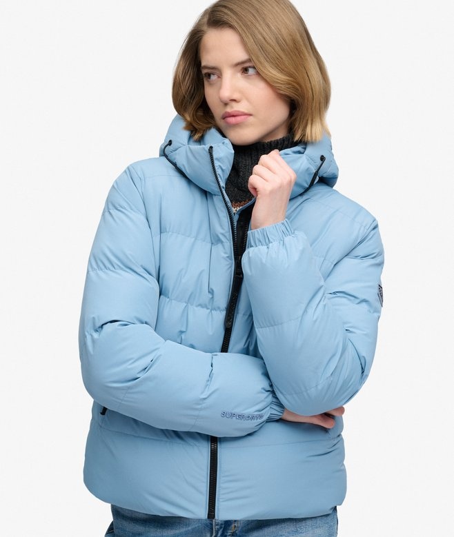 HOODED SPORTS PUFFER JACKET (Washed Denim Blue)