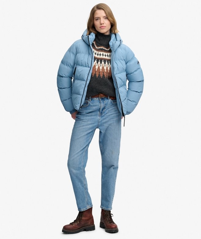 HOODED SPORTS PUFFER JACKET (Washed Denim Blue)