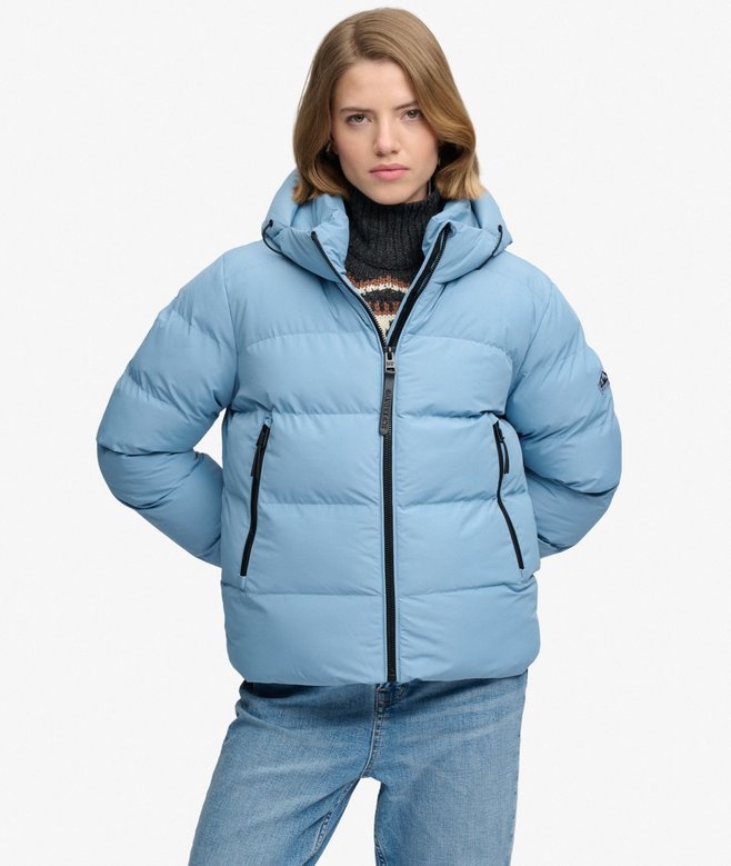 HOODED SPORTS PUFFER JACKET (Washed Denim Blue)