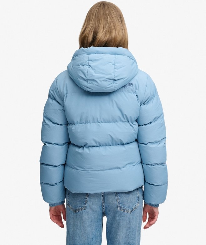 HOODED SPORTS PUFFER JACKET (Washed Denim Blue)