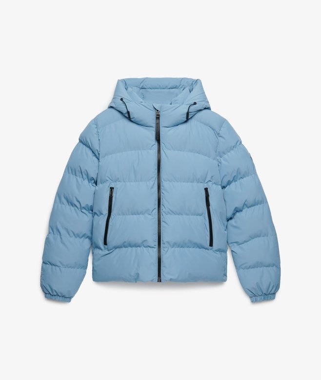 HOODED SPORTS PUFFER JACKET (Washed Denim Blue)